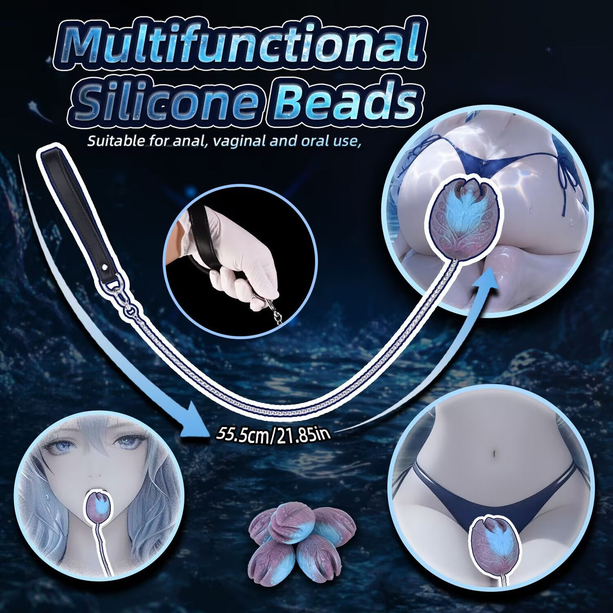 Multifunctional silicone body beads featuring 55.5cm stainless steel chain and leather wrist loop.