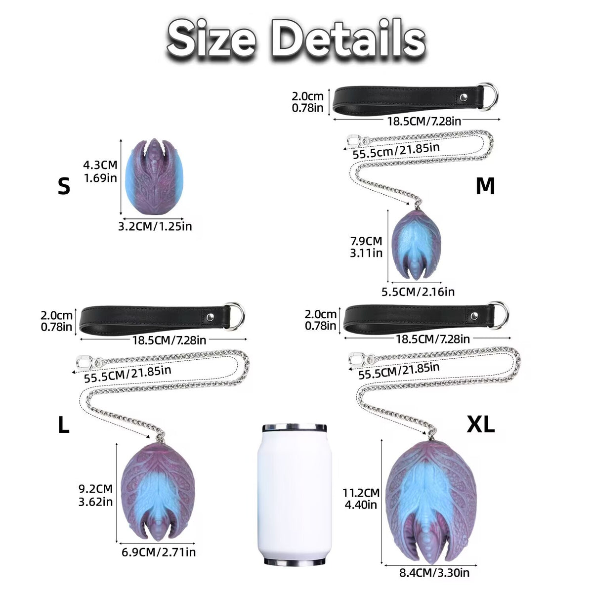 Detailed dimensions chart showing S M L XL size measurements for mystic egg silicone beads.