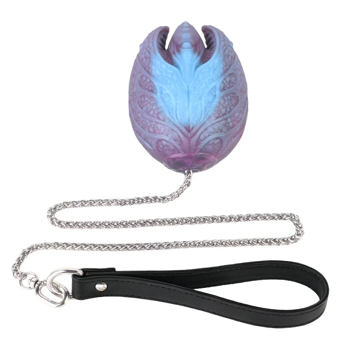 Single mystic egg silicone body bead attached to chain and leather loop on white background.