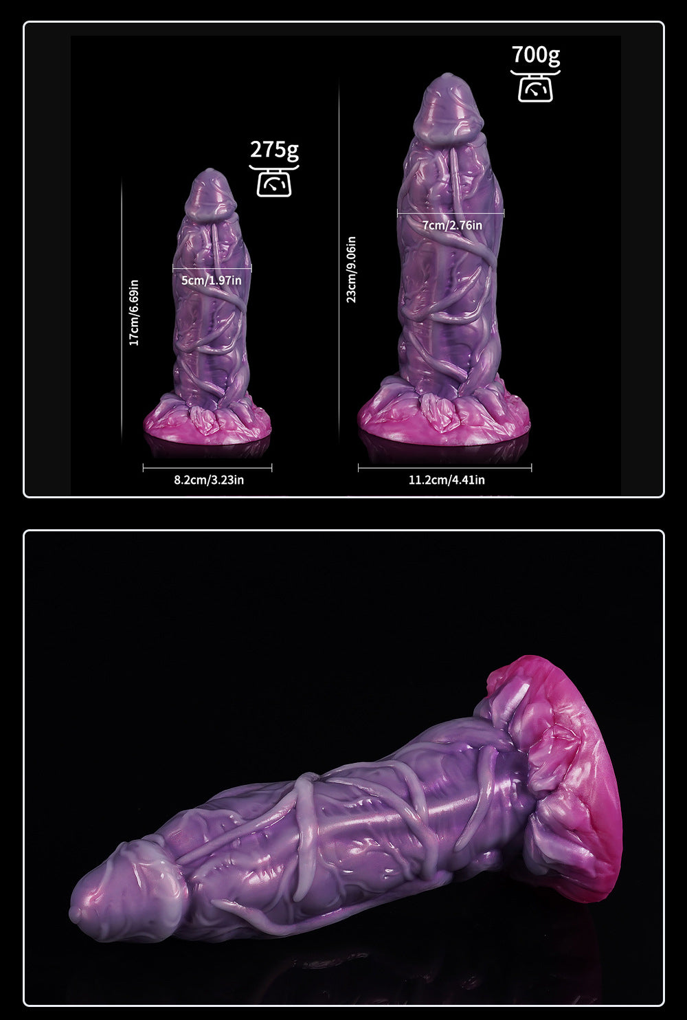 Detailed specifications for the Mystic Vine ribbed dildo, including weight and height.