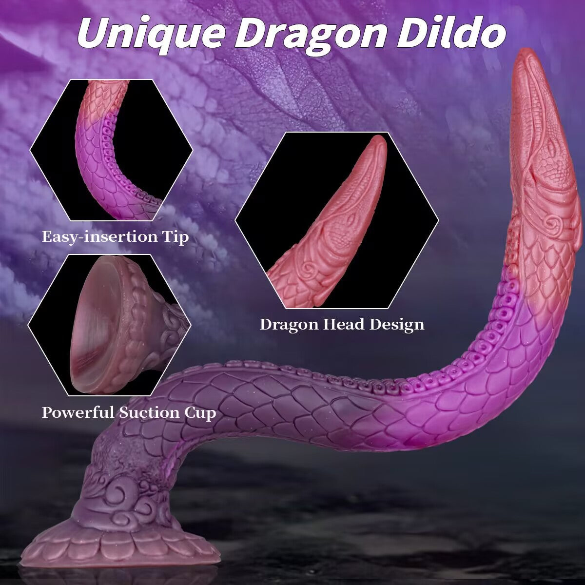 Side view of purple and pink mythic dragon tail silicone dildo showcasing easy insertion tip, detailed dragon head design, and powerful suction cup base.