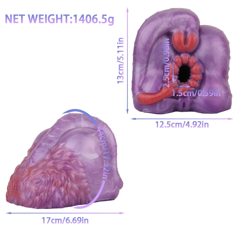 Front and side view of purple fantasy alien male masturbator toy showing specific product dimensions of 13cm height, 17cm length, and 1406.5g heavyweight specs.