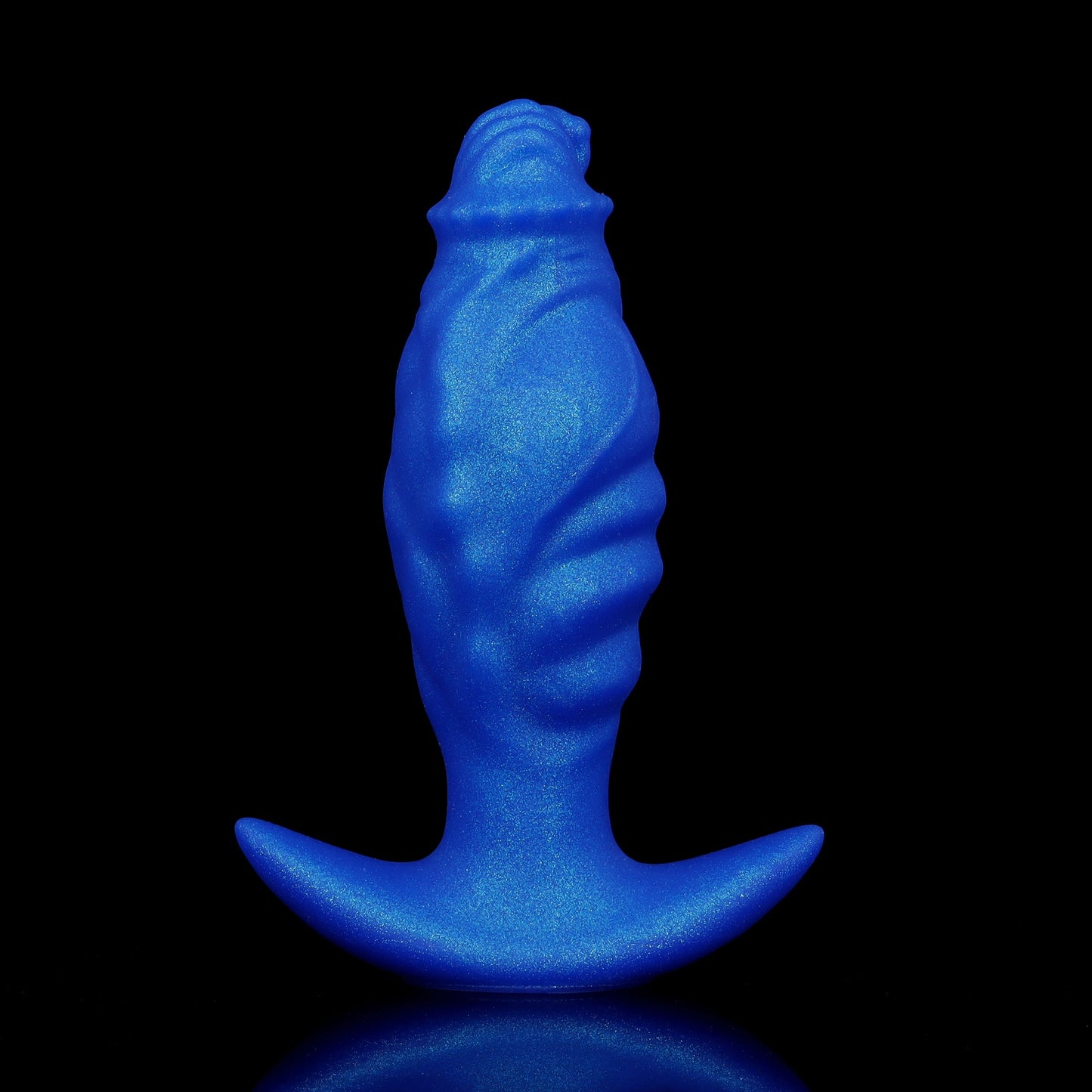 Front view of a neon blue deflated silicone fantasy anal plug with a subtle metallic shimmer finish and safe flared T-bar base.