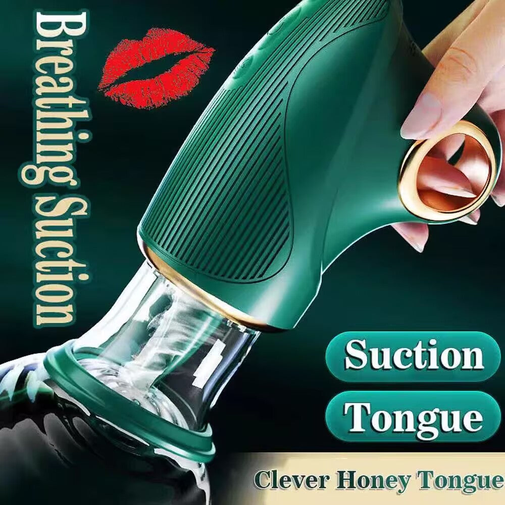 Teal hand-held nipple suction and licking massager featuring air pulse technology and golden ring detailing for female stimulation.