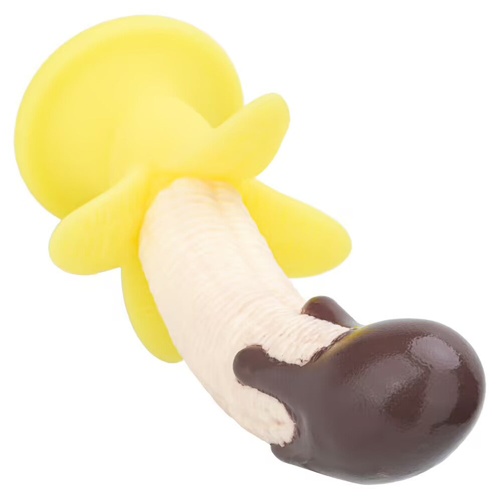 Close-up view of the glossy chocolate dipped tip and textured shaft of a banana adult toy.