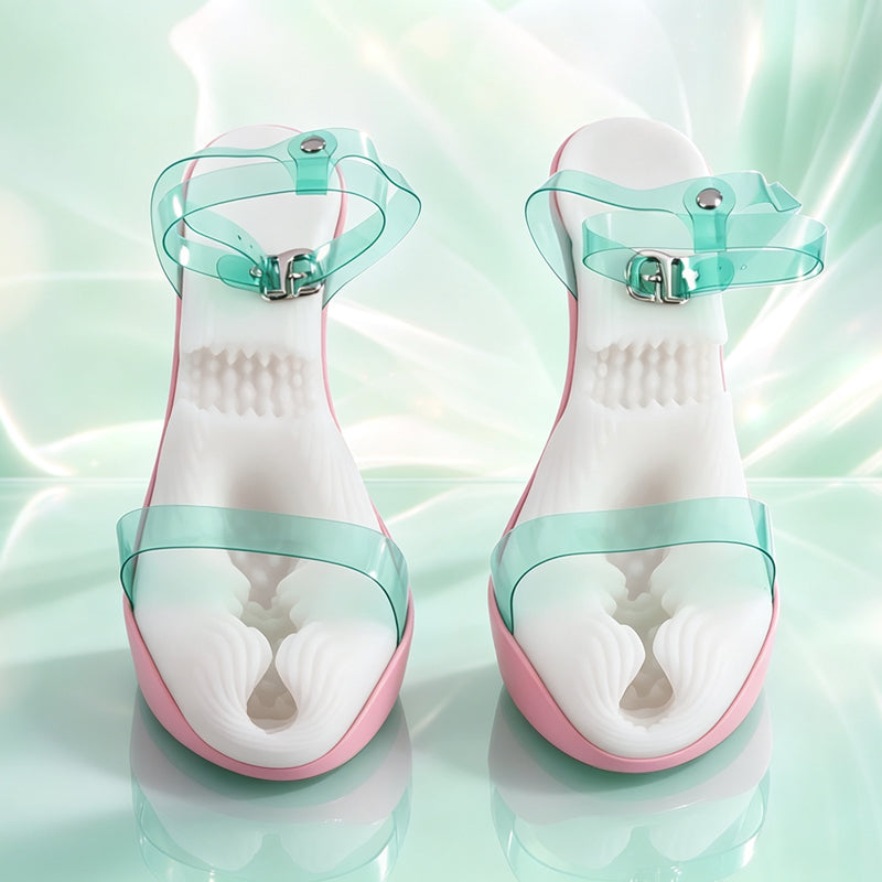 Front view of pair of pink and green high heel sandals with built-in soft silicone sleeve and clear buckle straps