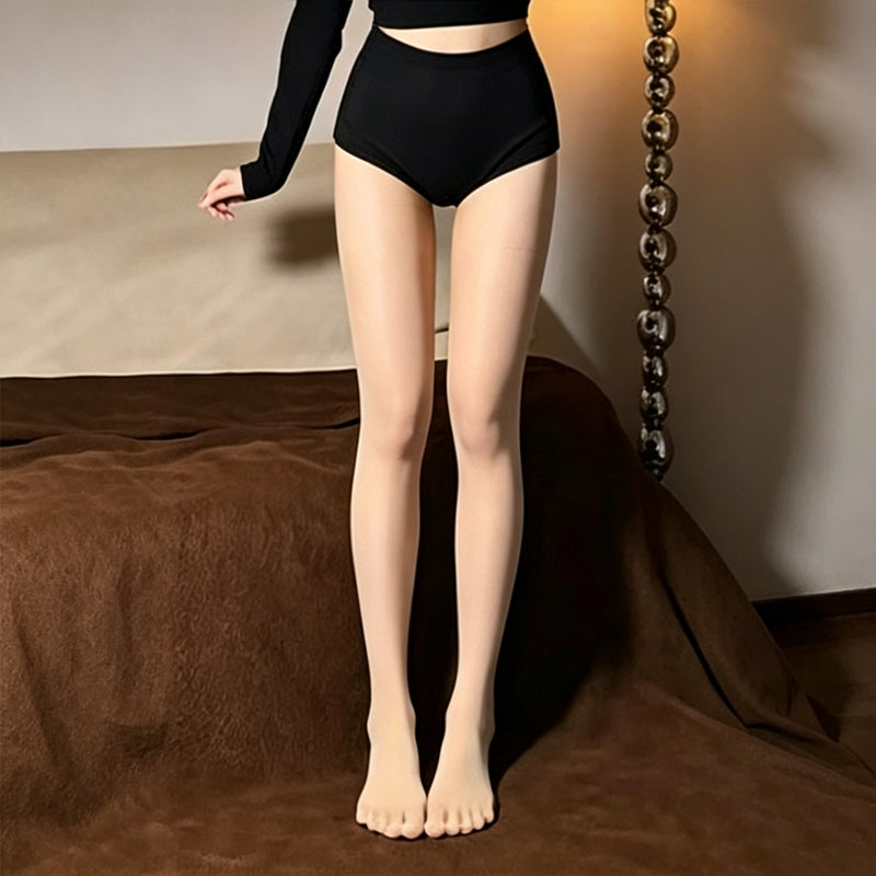Nude seamless five-toe thigh-high stockings with natural skin finish.