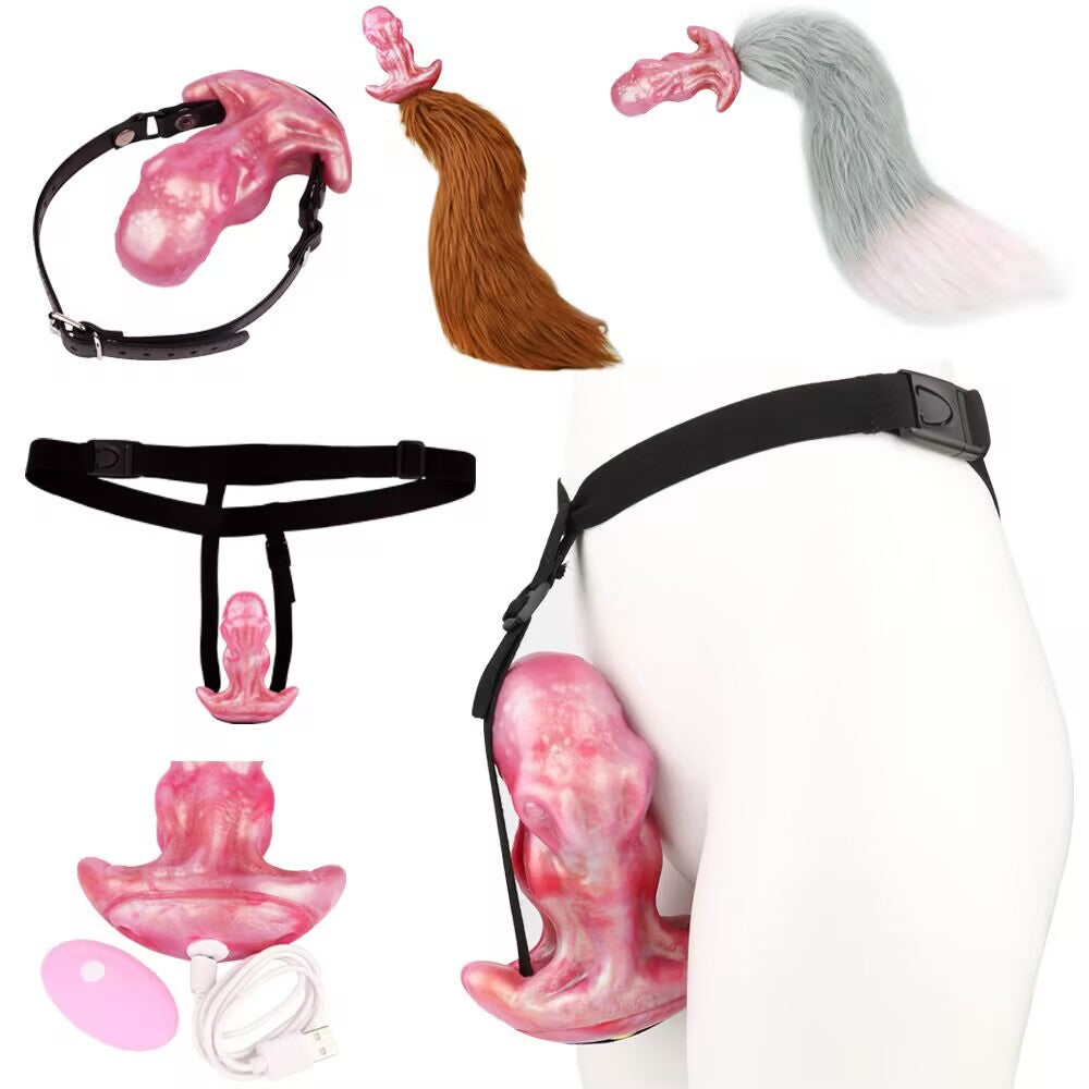 Complete octopus fantasy dildo set including adjustable strap-on harness, wireless remote vibration bullet, collar, and faux fur tail plugs for cosplay.