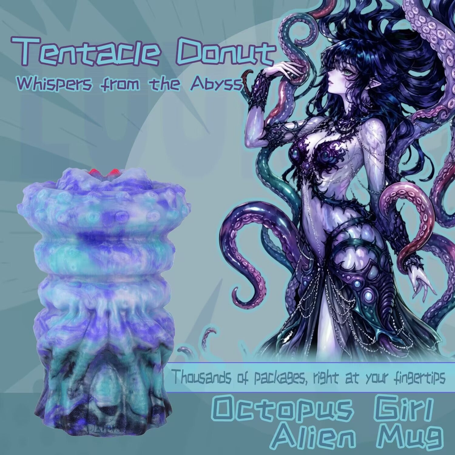 Tentacle Donut octopus girl alien fantasy male masturbator sleeve next to deep sea siren artwork.