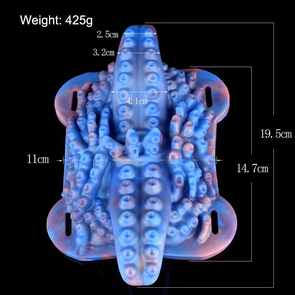 Large octopus tentacle friction massager pad dimensions showing 425g weight, 19.5cm length, and 14.7cm width