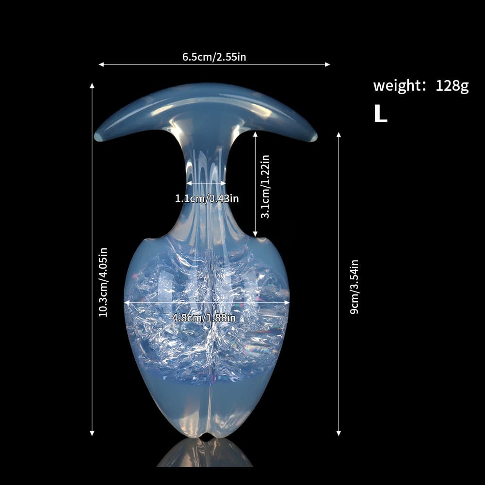 Technical specification sheet showing exact dimensions and weight for the large-sized opal blue crackle-core plug on a black background