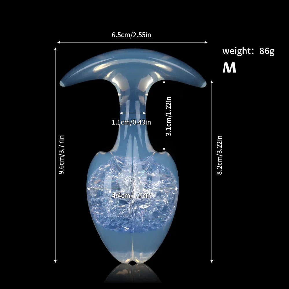 Detailed size and weight chart for the medium-sized opal blue crackle-core plug showing heights, neck width, and bulb diameter.
