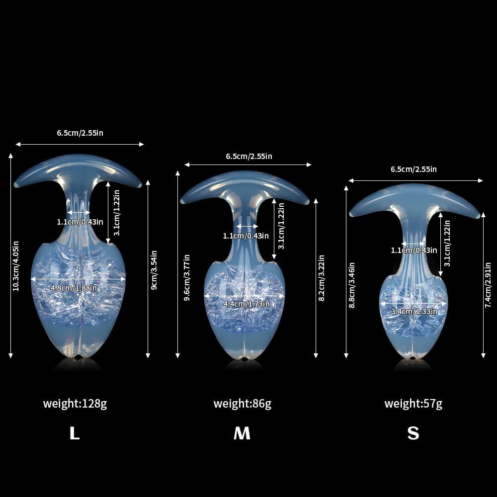 A comprehensive size and weight guide for the glowing blue crackle-core plug, detailing specifications for Small, Medium, and Large sizes