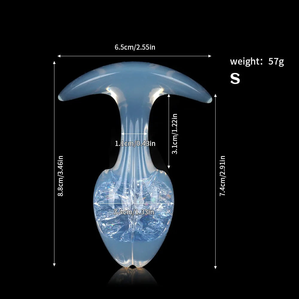 Product dimensions and weight diagram for the small size opal blue crackle-core plug with a glowing semi-translucent stem.