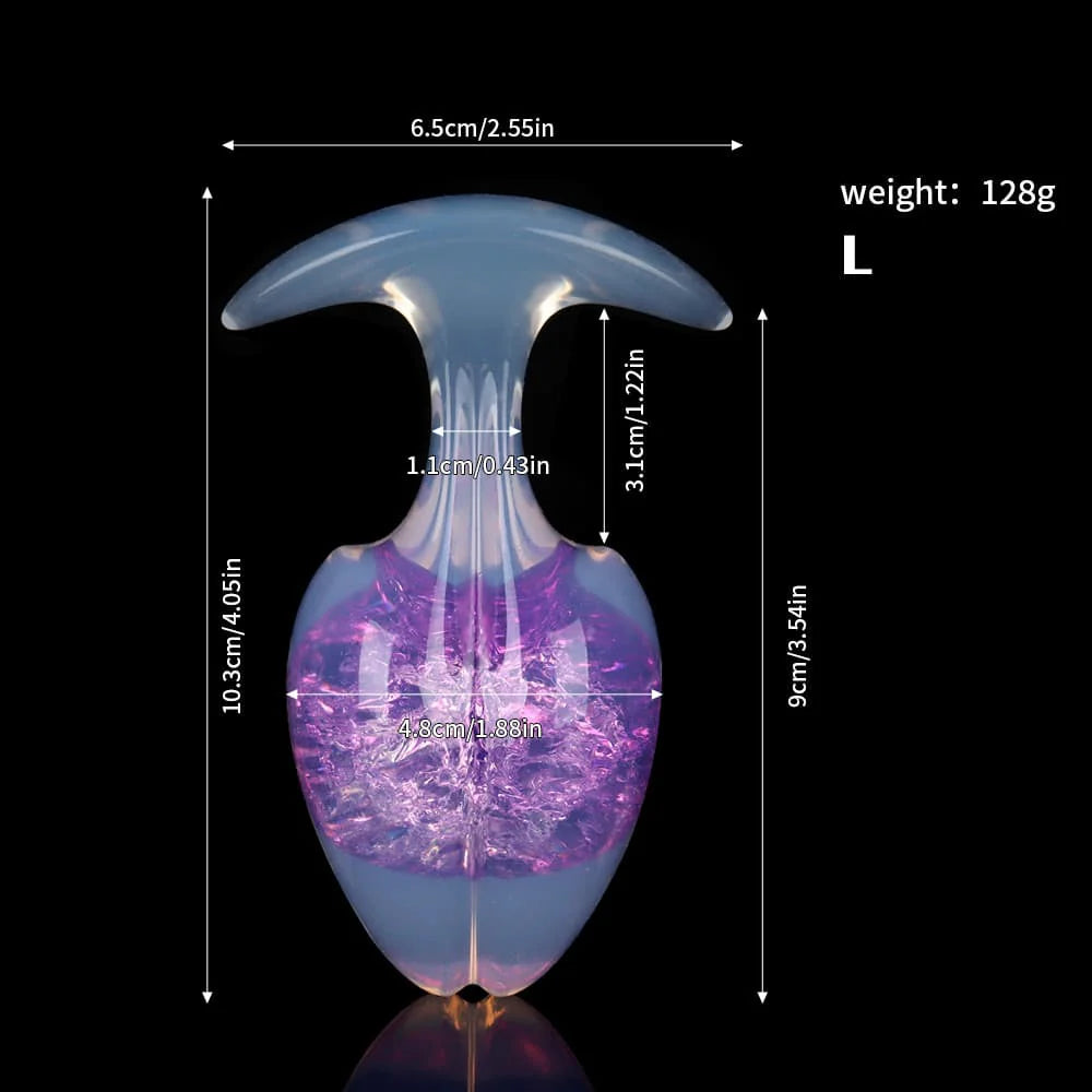 Large size dimensions and weight chart for the glowing opal purple crackle plug with a 128g weight.