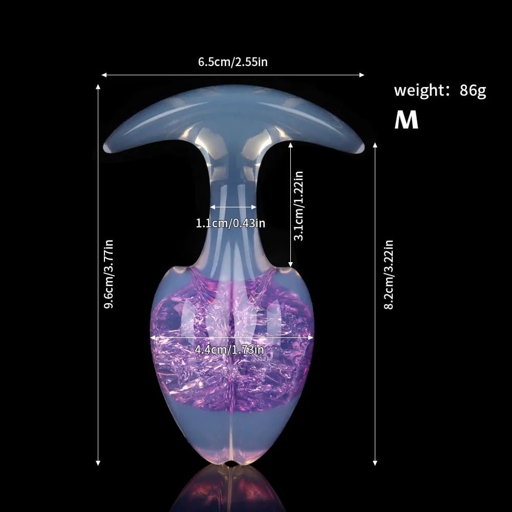 Medium-sized opal purple crackle plug technical diagram, demonstrating height, width, and 86g weight specifications