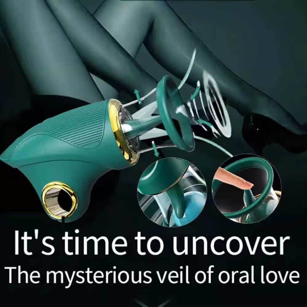 Ergonomic intimate oral simulation massager showcasing soft silicone seal for hands-free breast and clitoral placement.