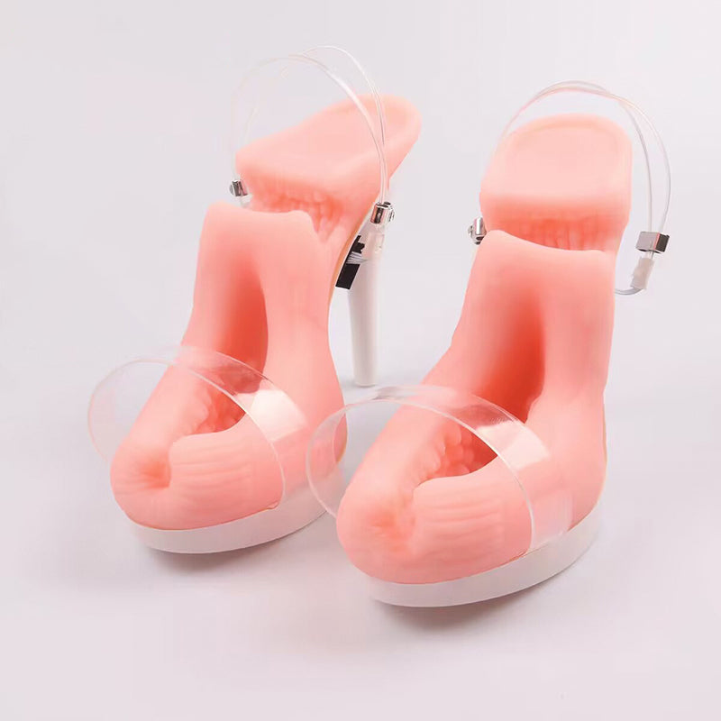 Pair of white platform vibrating high heel male strokers on white background for Shopify product display