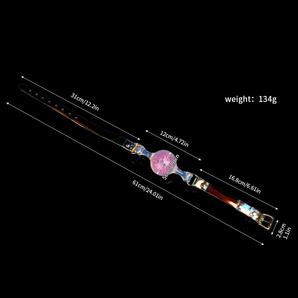 Measurement guide for a pastel goth dark pink mouth gag with a 5cm cosmic glitter ball, 12cm center link, and 134g overall weight.