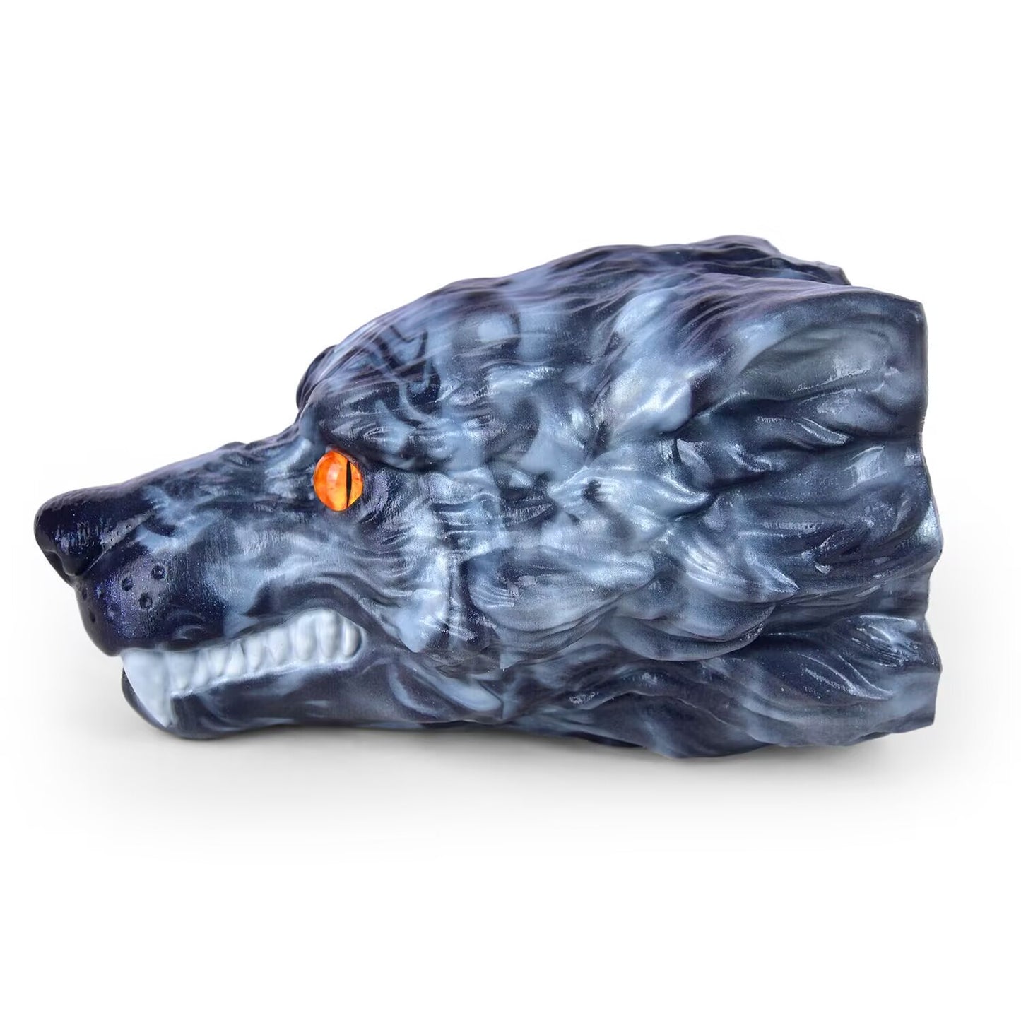Side profile view of marbled black and grey wolf head fantasy silicone toy