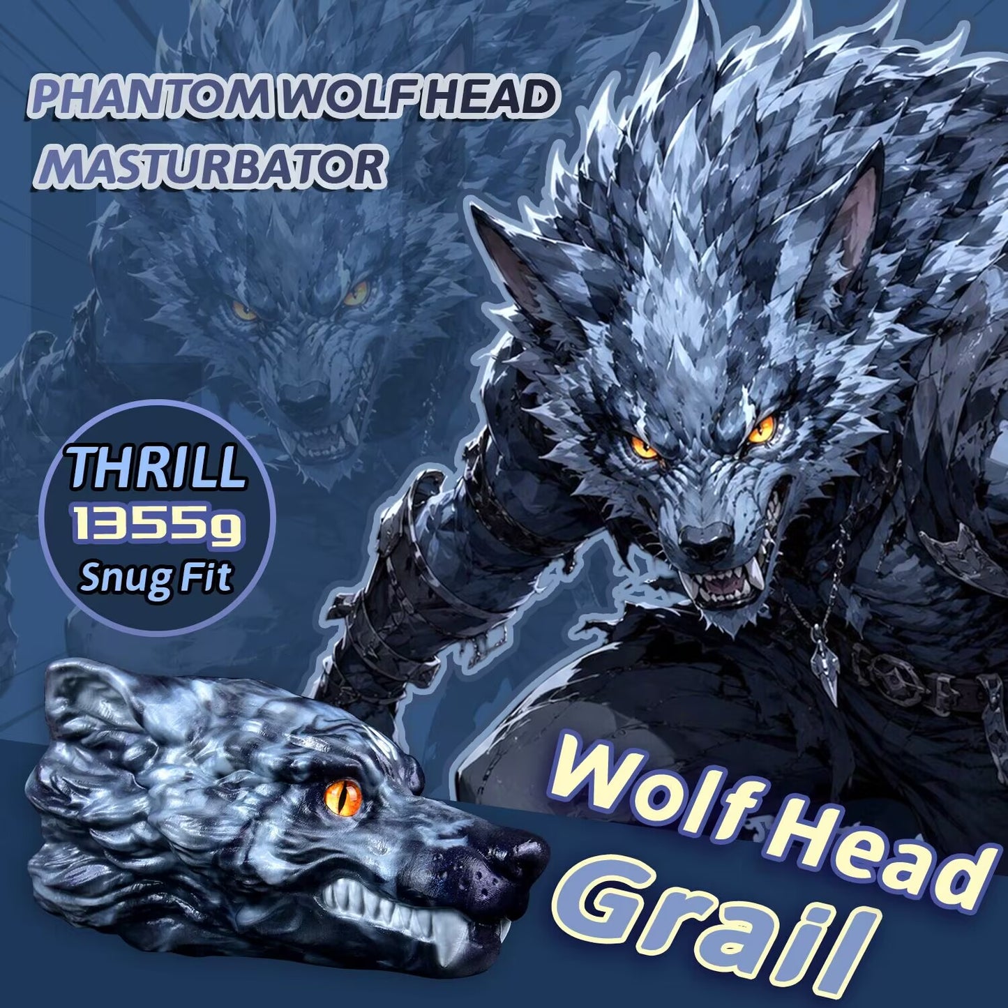 Phantom wolf head silicone male masturbator showing fantasy wolf design and 1355g weight rating
