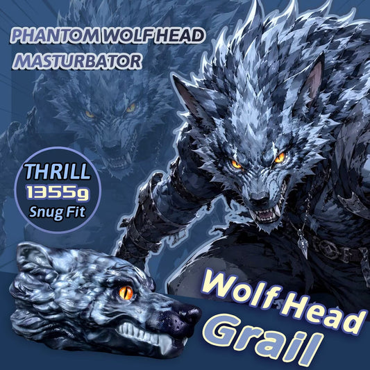 Phantom wolf head silicone male masturbator showing fantasy wolf design and 1355g weight rating