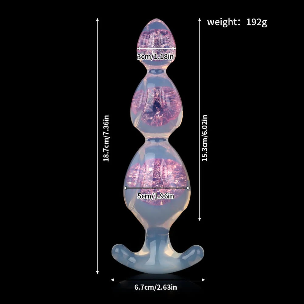Product measurements for romantic pink clear silicone anal toy showing graduated bead diameters from 3cm to 5cm