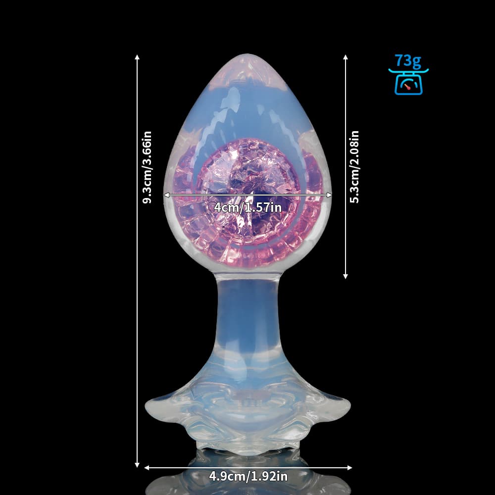 Product dimension layout highlighting the 5.3cm insertable length and 73g weight of the pink crystal glass plug