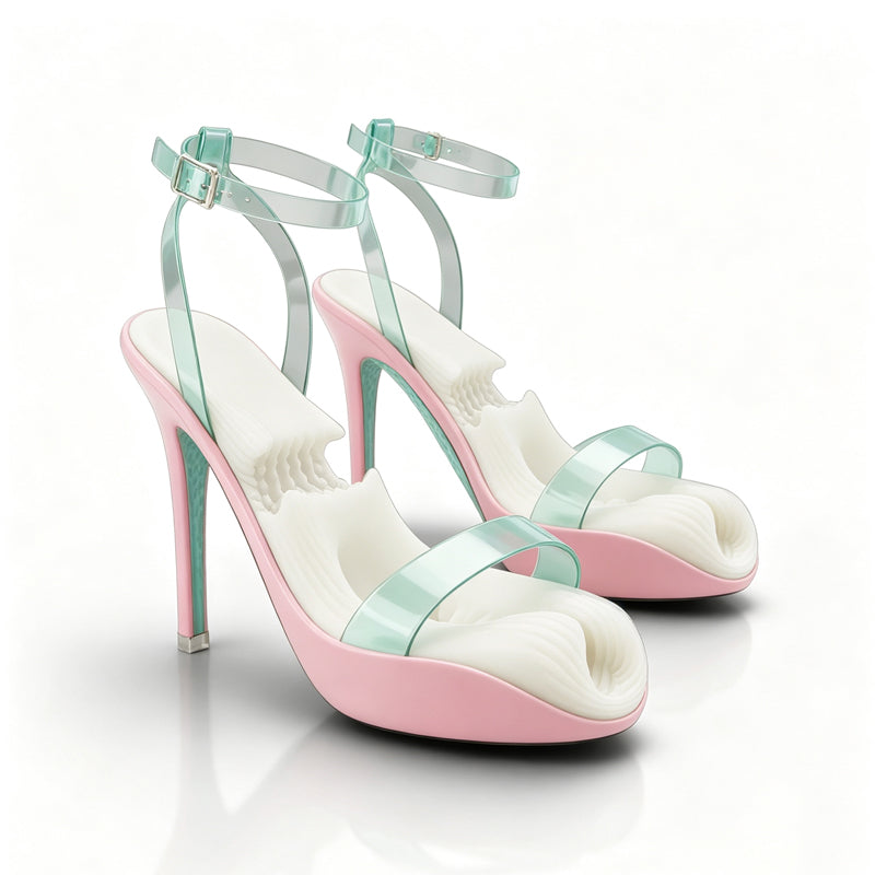 Angled view of pink high heel open-toe strokers featuring soft textured footbed interior and green ankle straps