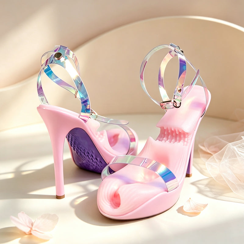 Pair of pink high heel male masturbator strokers on display, showing front entrance and textured purple sole underneath.