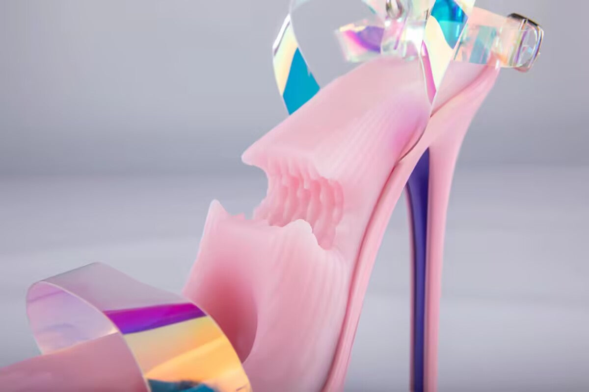 Close-up side view of the internal ribbed chamber of a pink stiletto male stroker