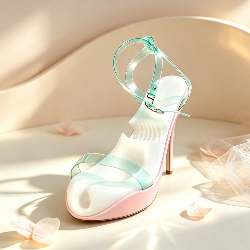 Angled perspective of a pink high heel styled male stroker featuring a soft white textured inner channel and clear teal ankle strap on a floral backdrop