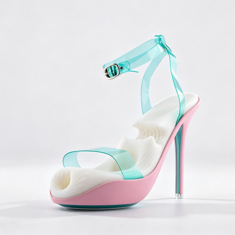 Side profile of sleek pink and teal high heel novelty stroker featuring ribbed white inner channel