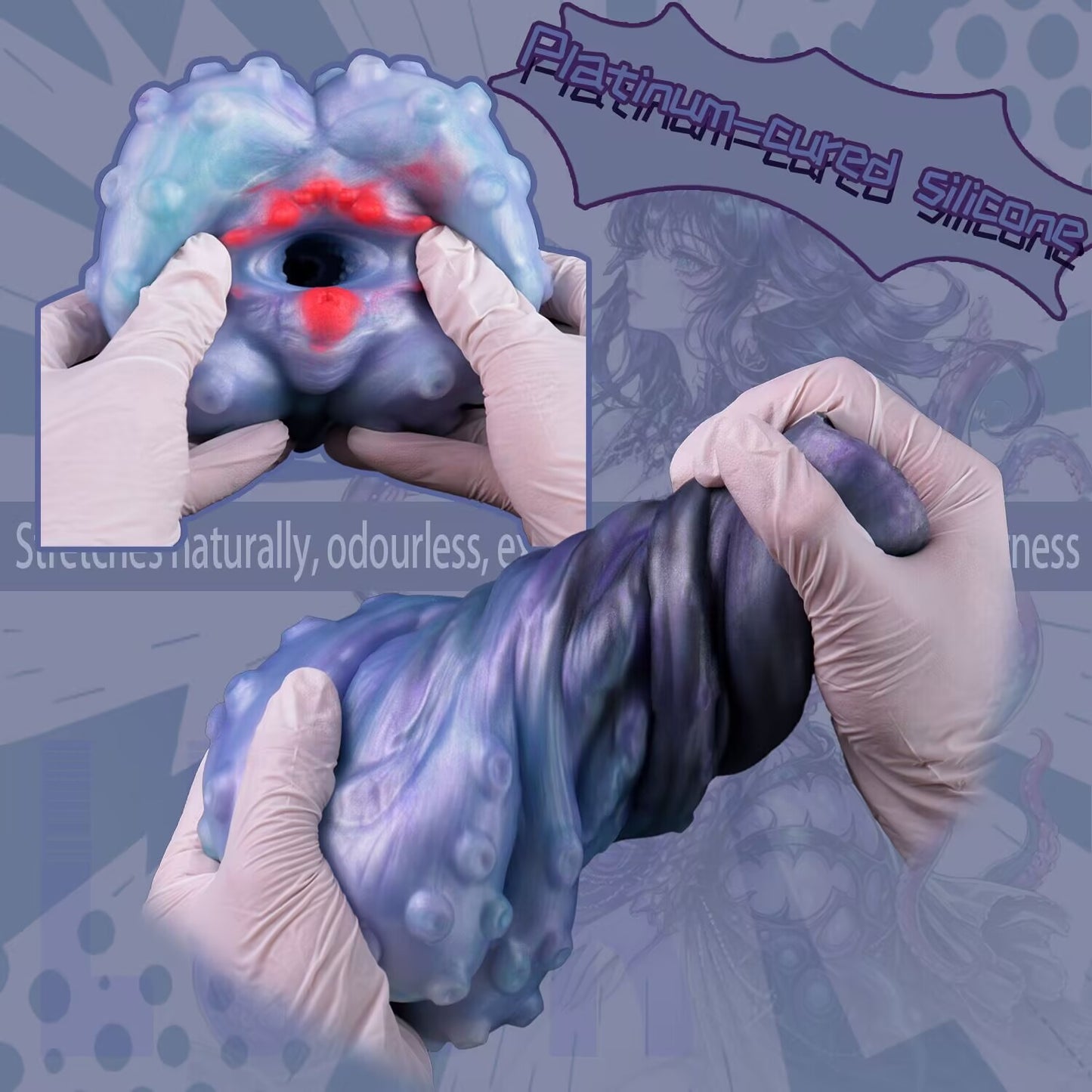 Gloved hands stretching flexible platinum cured silicone falling star tentacle male stroker sleeve.