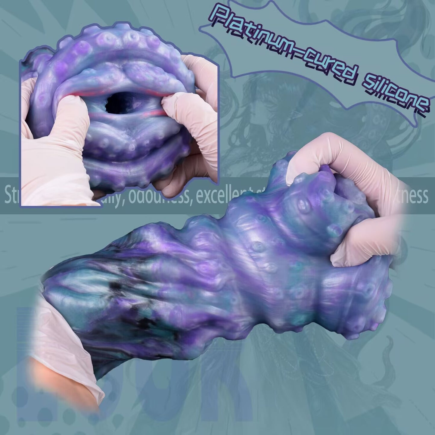 Gloved hands squeezing flexible platinum cured silicone tentacle male stroker showing soft texture.