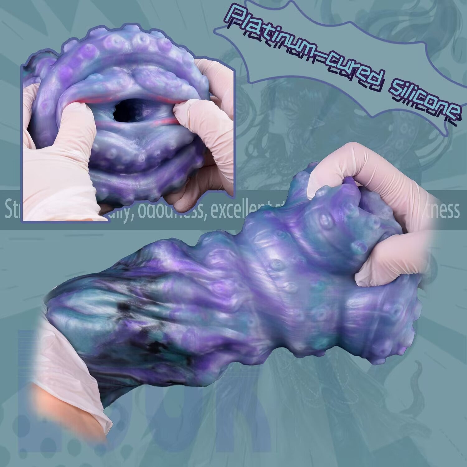 Gloved hands squeezing flexible platinum cured silicone tentacle male stroker showing soft texture.