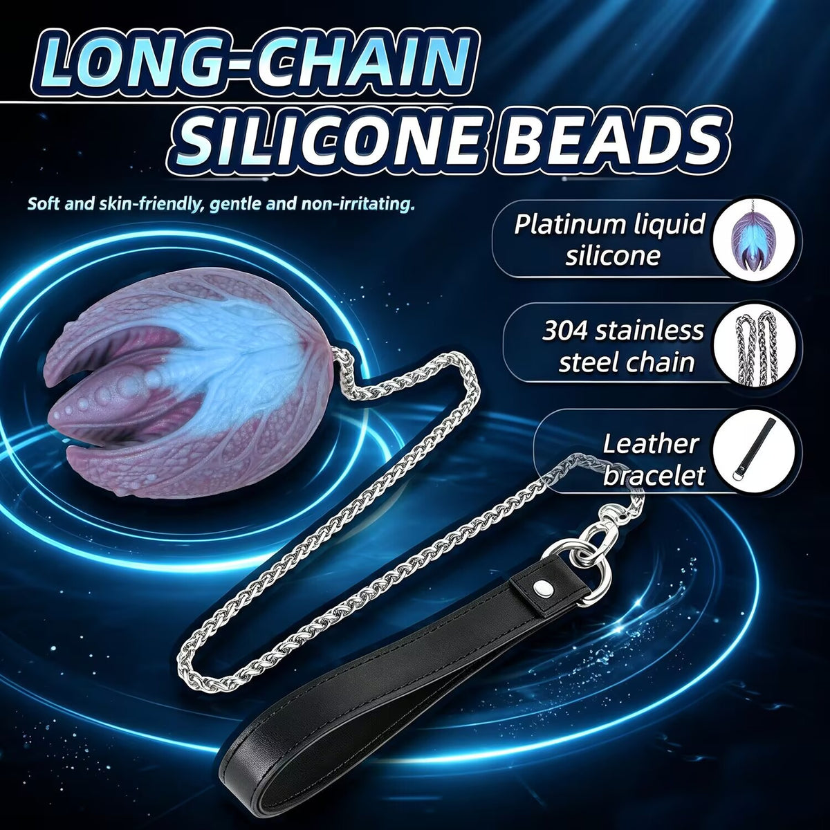 Platinum liquid silicone mystic egg body bead with 304 stainless steel chain and leather handle.