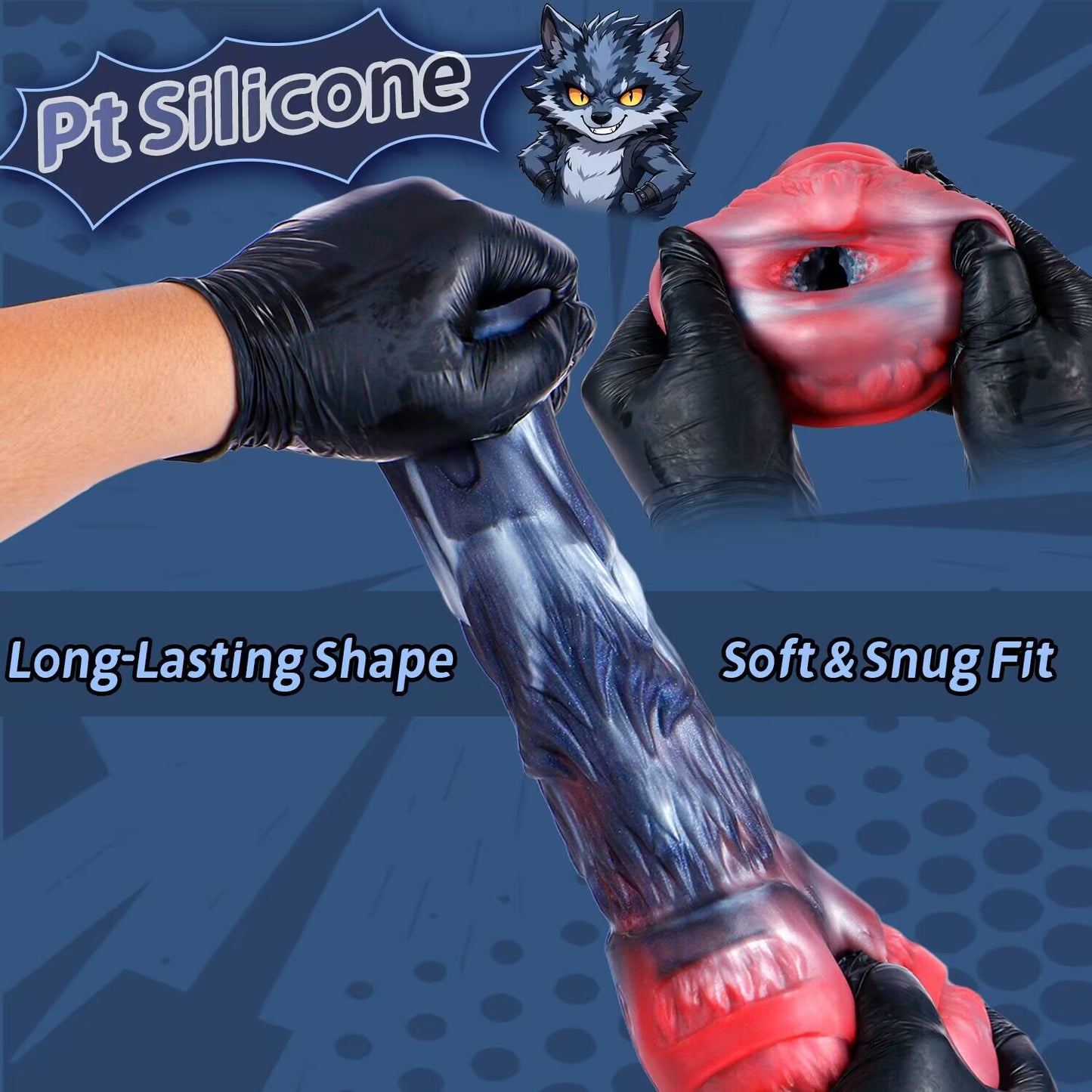 Black gloved hands stretching platinum cured silicone wolf male stroker demonstrating high elasticity and soft fit.