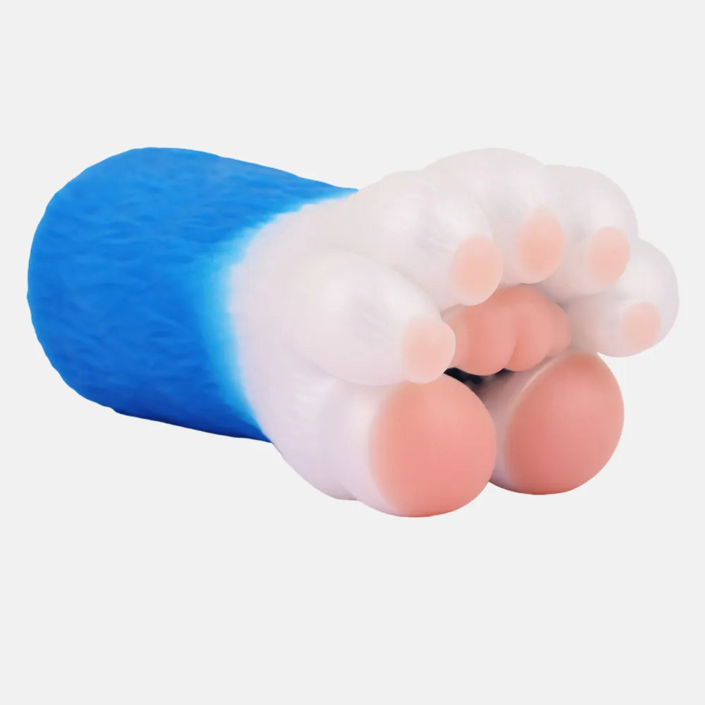 An perspective shot of the plump blue and white animal paw male masturbator with soft realistic pink pads.