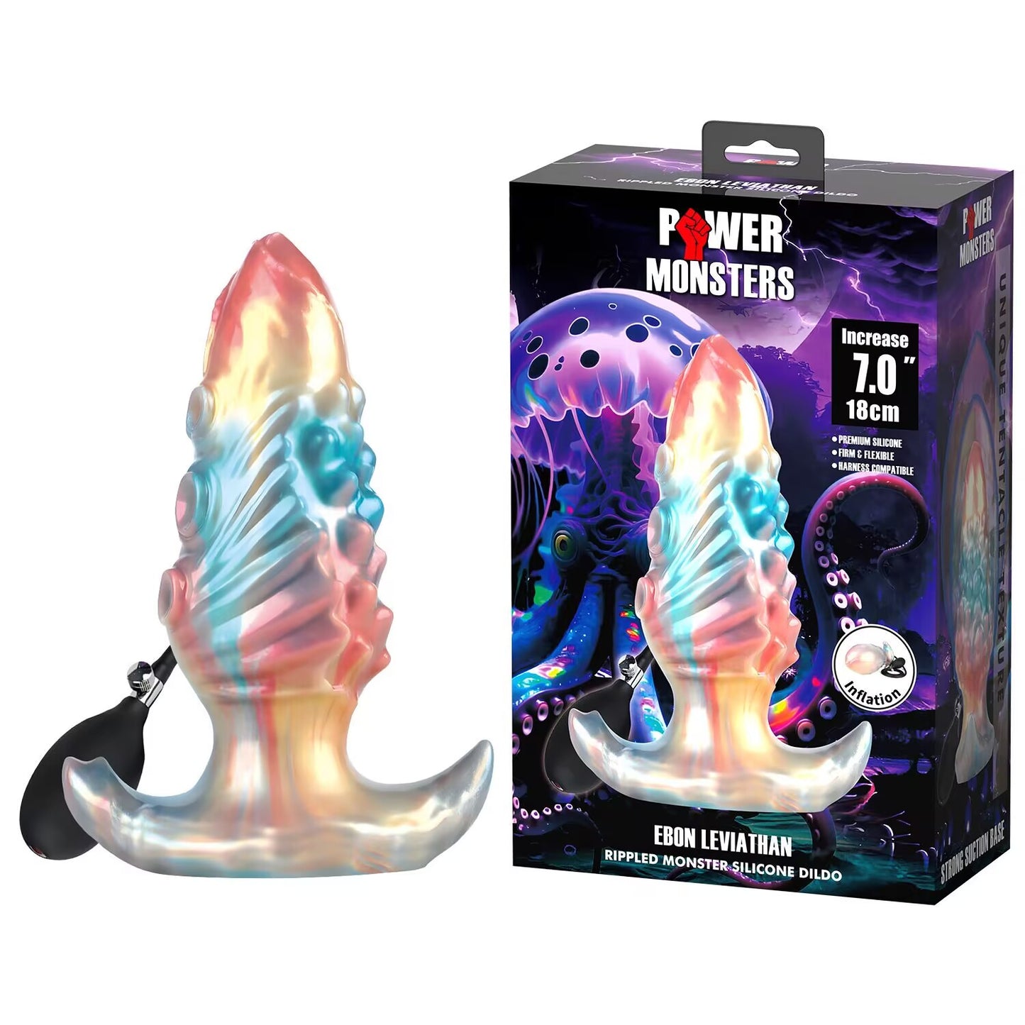 Premium pastel-colored Ebon Leviathan inflatable dildo by Power Monsters next to its retail box highlighting the 7-inch size and tentacle texture