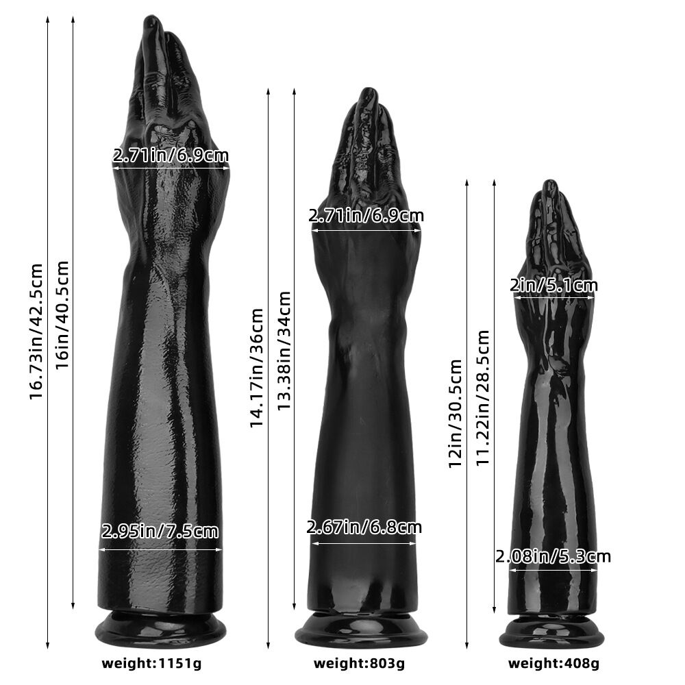 Detailed size chart diagram for small, medium, and large fisting arm toys with specific length, width, and weight in inches and centimeters.