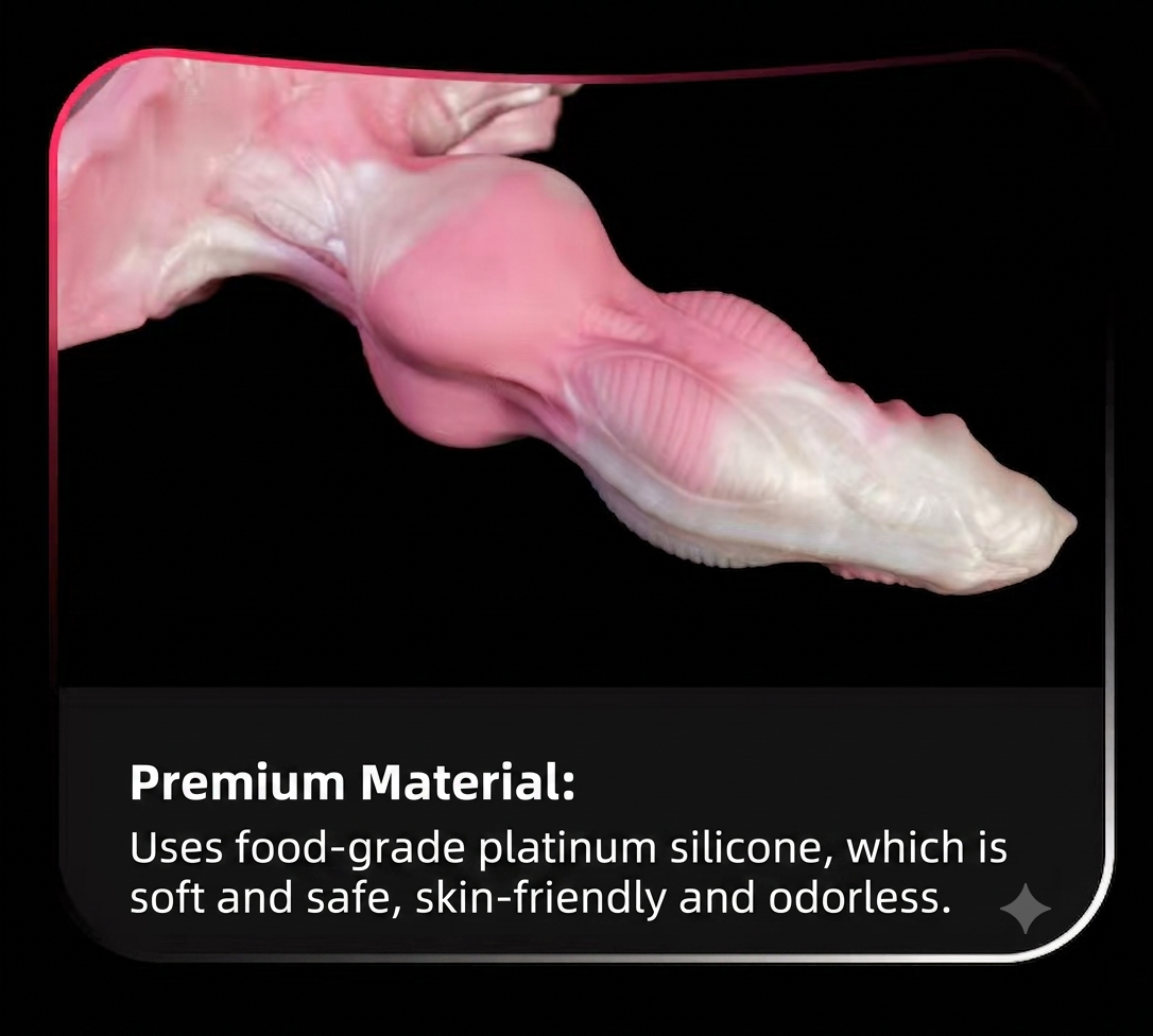 Close up look of the soft, pink premium food-grade platinum silicone texture on the shaft of the alien creature fantasy dildo.