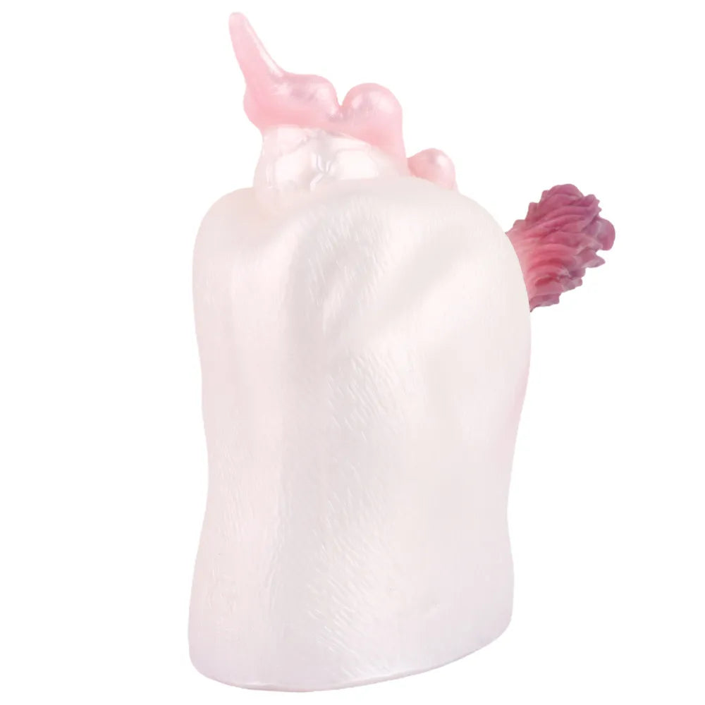 Back and bottom view of the premium white TPE fantasy male stroker showing its dense body-safe material and pink tail.