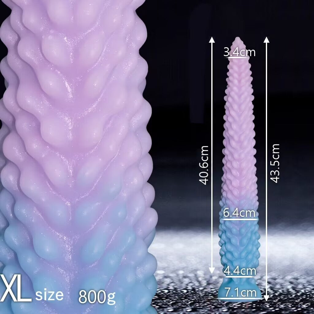 Purple and blue gradient extra large size XL fantasy silicone dildo measuring 43.5cm total length and 800g weight.