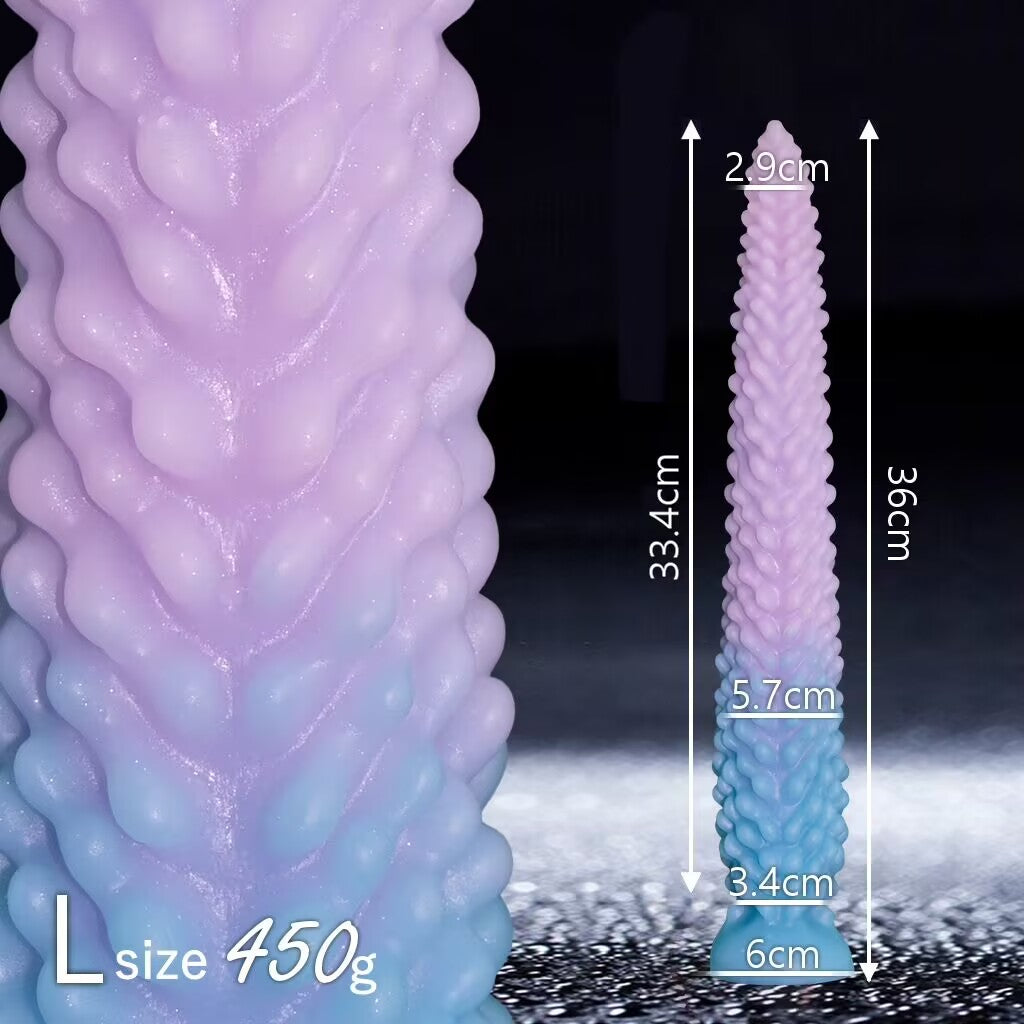 Purple and blue gradient large size L flexible silicone tentacle dildo measuring 36cm total length and 450g weight.
