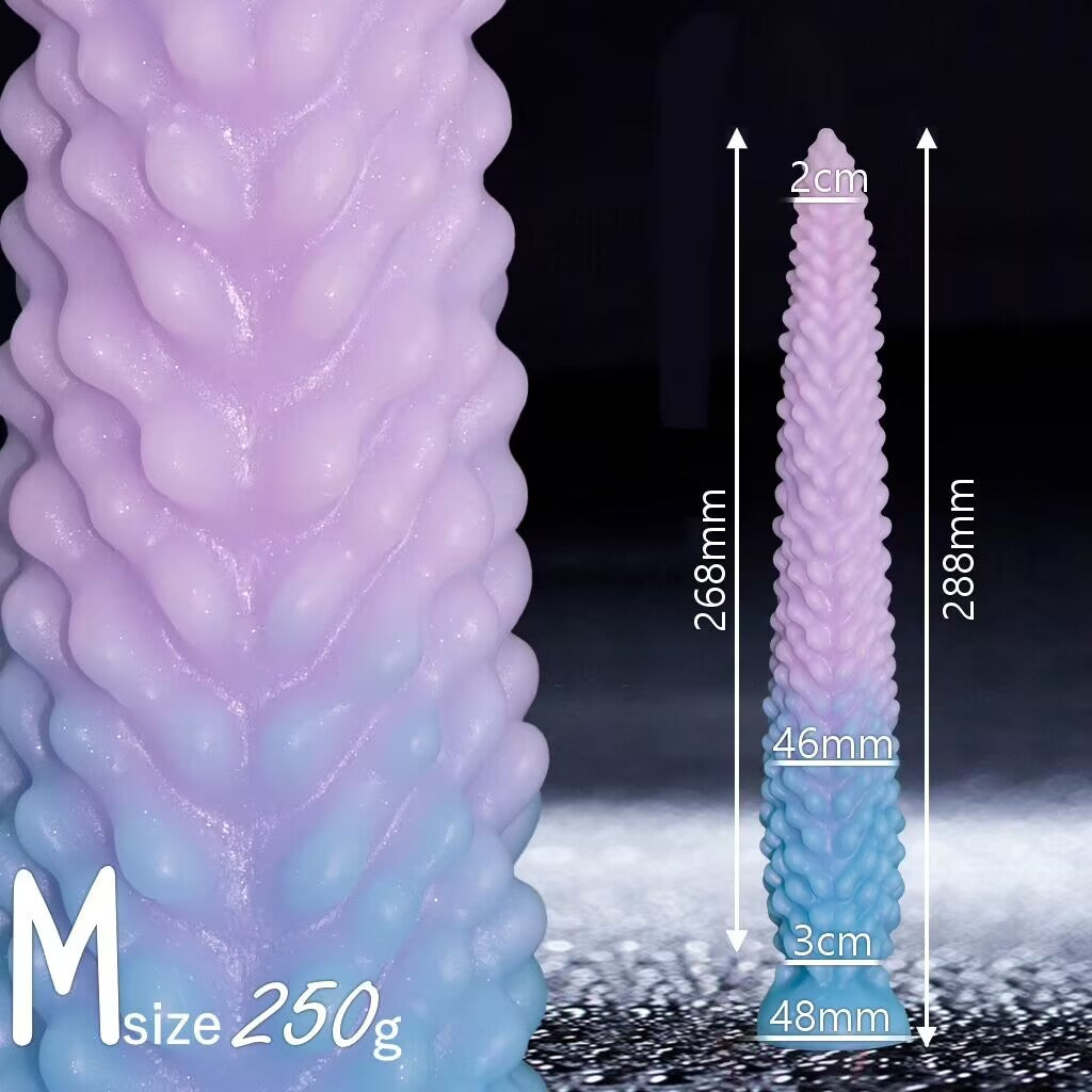 Purple and blue gradient medium size M textured silicone fantasy dildo with suction base showing 288mm total height and 250g weight.