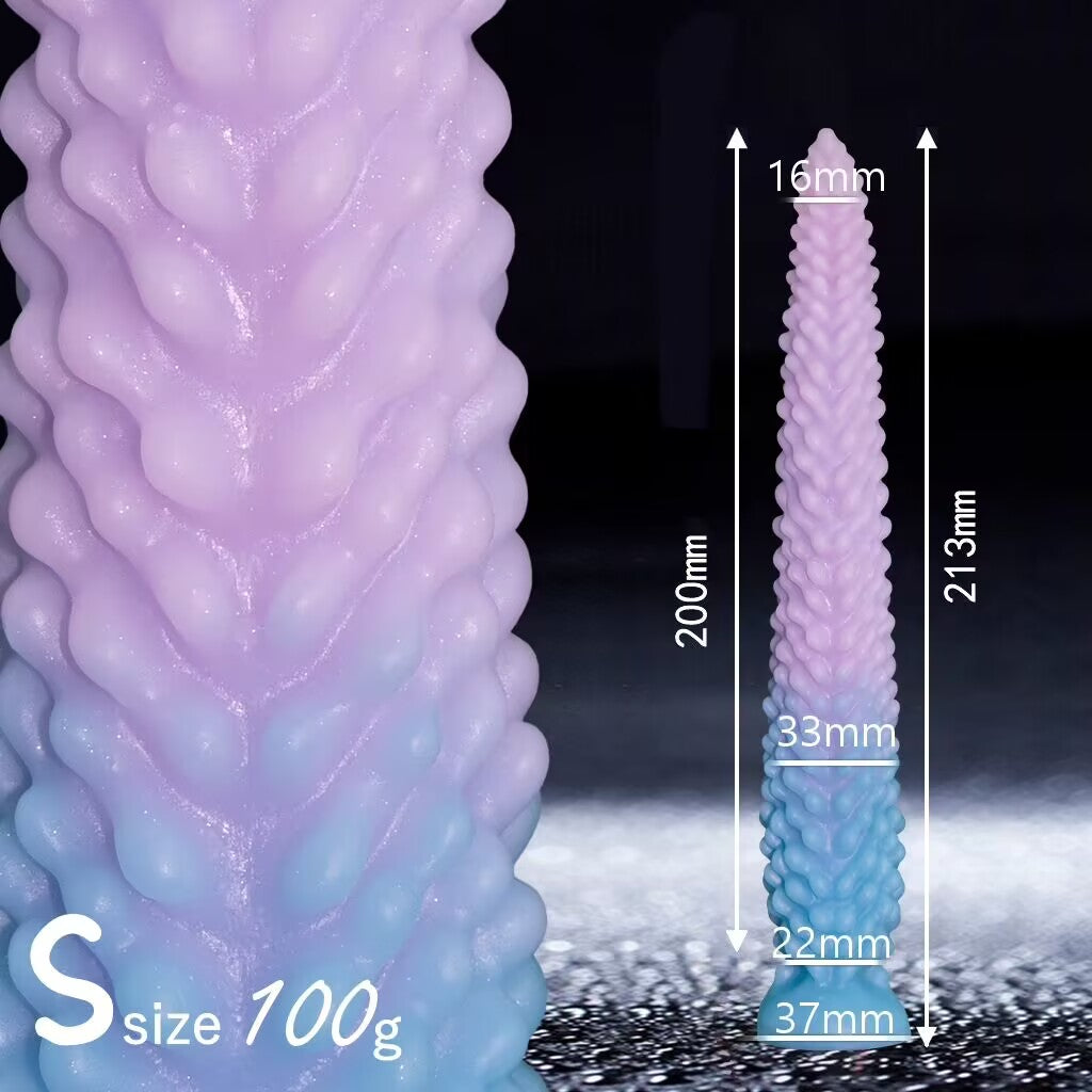 Purple and blue gradient small size S fantasy silicone tentacle dildo with suction cup showing 213mm total height and 100g weight.