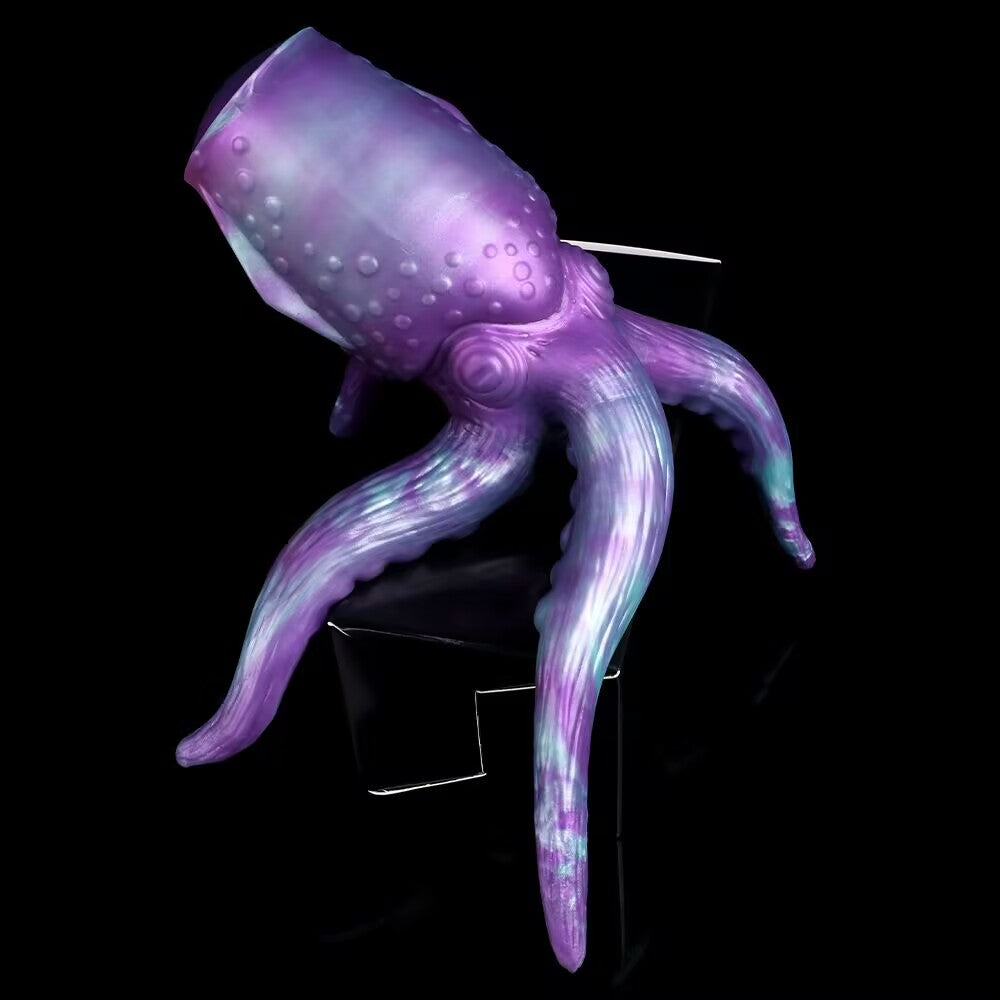 Side view of purple and green gradient silicone Cthulhu octopus stroker toy