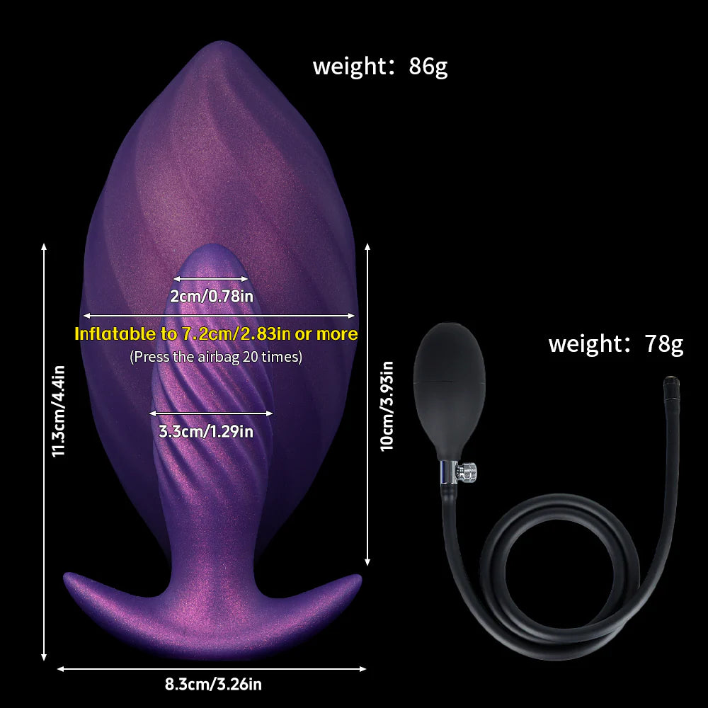 Size chart reference for the purple inflatable anal dilator plug. Details uninflated 1.29in diameter and inflated 2.83in+ width with accompanying 78g manual hand pump.