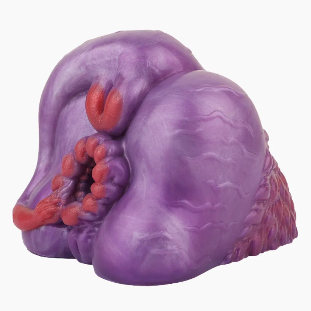 Angled side-view of a solid purple heavyweight monster style pocket pussy with soft ribbed textured outer layer for adult men.